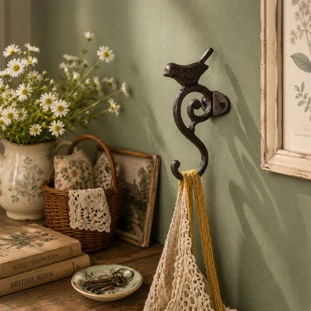 Cast Iron Perched Bird Scroll Wall Hook Rustic Farmhouse‎ Cottage Decor